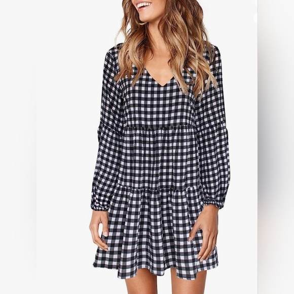 Women's V Neck Long Sleeve Plaid Printed Tunic Dress Small - Picture 6 of 10